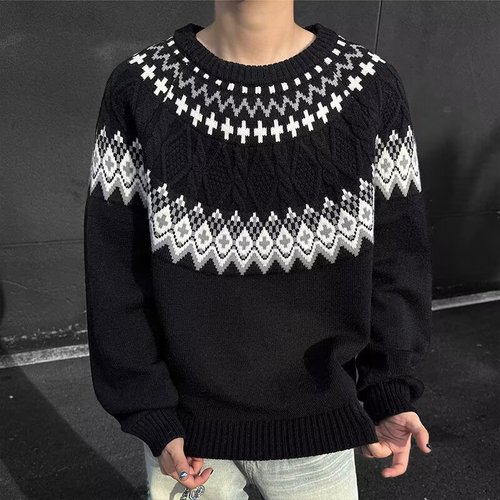 Retro Autumn/Winter 2025 Novelty Patterned Crew Neck Knit Top for Men, Loose Couple Casual Crewneck Sweater Set