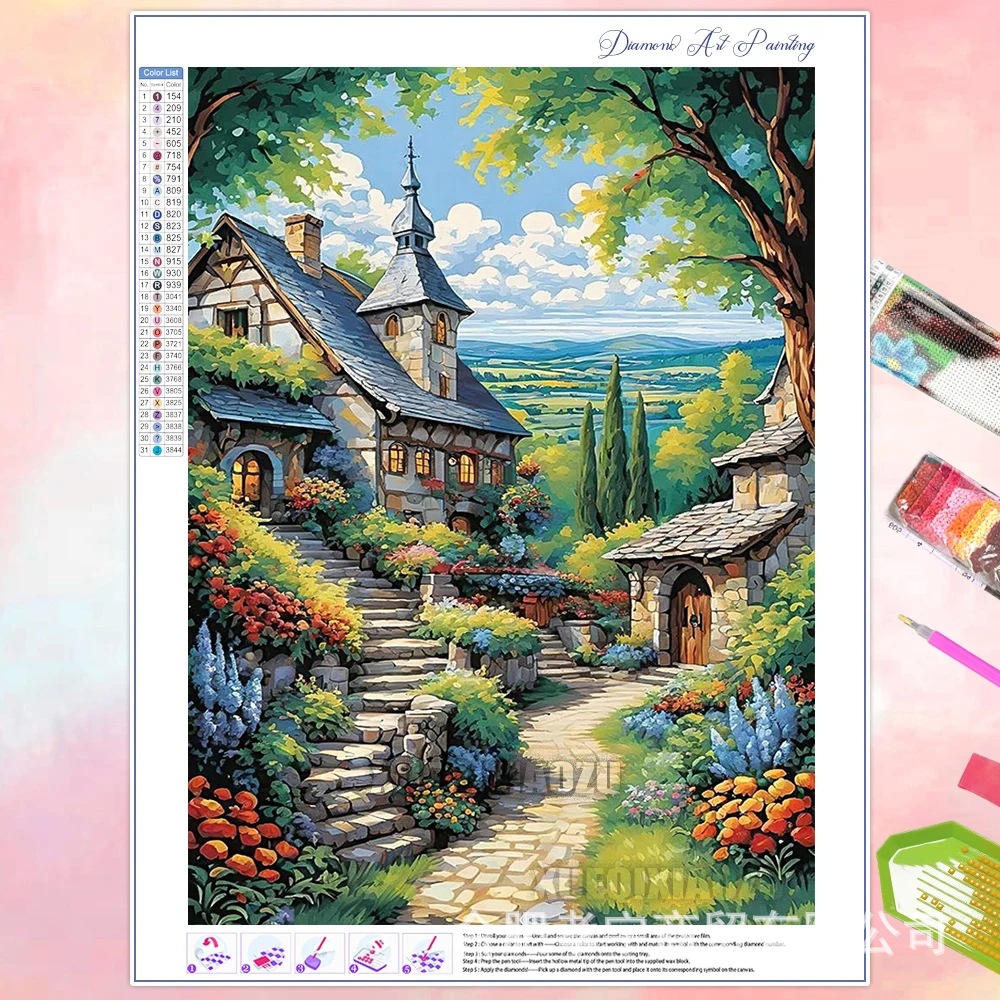 Venta caliente transfronteriza dibujos animados ciudad de bricolaje casa paisaje lleno de diamantes sala de estar dormitorio decoración pegatinas fabricante de pintura de diamantes