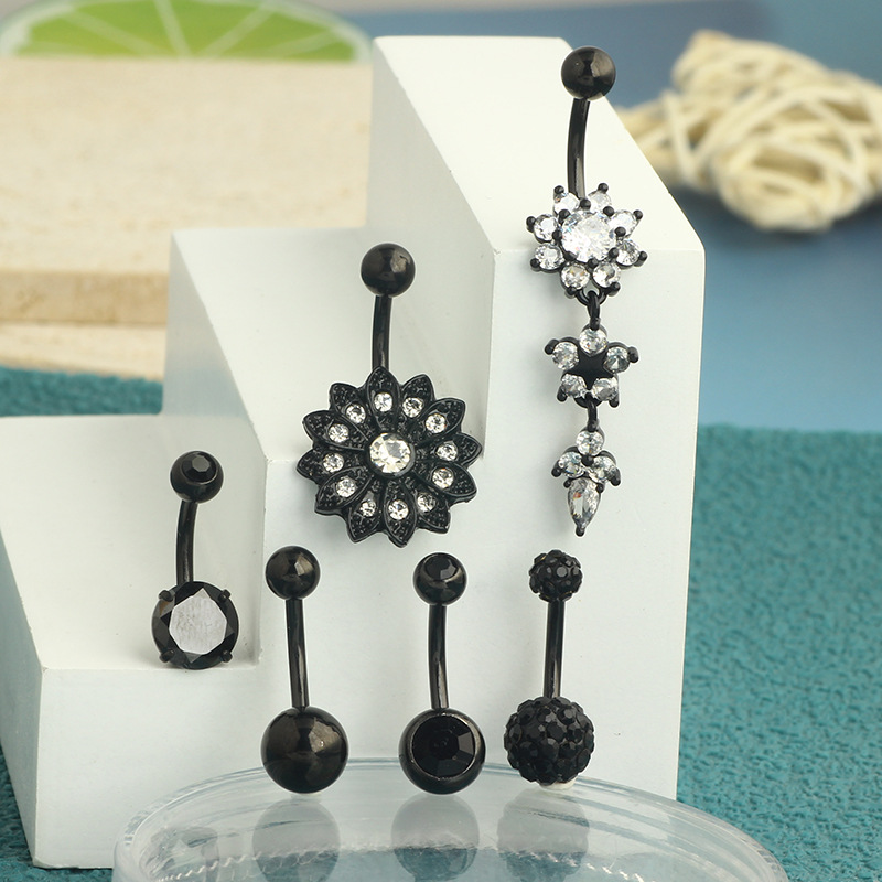 5-Piece Black Amazon Stainless Steel Zircon Diamond-Embedded Dragon Claw Navel Ring Set detail image 9