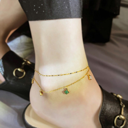 Japanese and Korean Fashion Influencer Colorful Clover Ankle Chain Women's Personality Sexy Double Layer Ankle Chain Titanium Steel Ankle Chain Wholesale