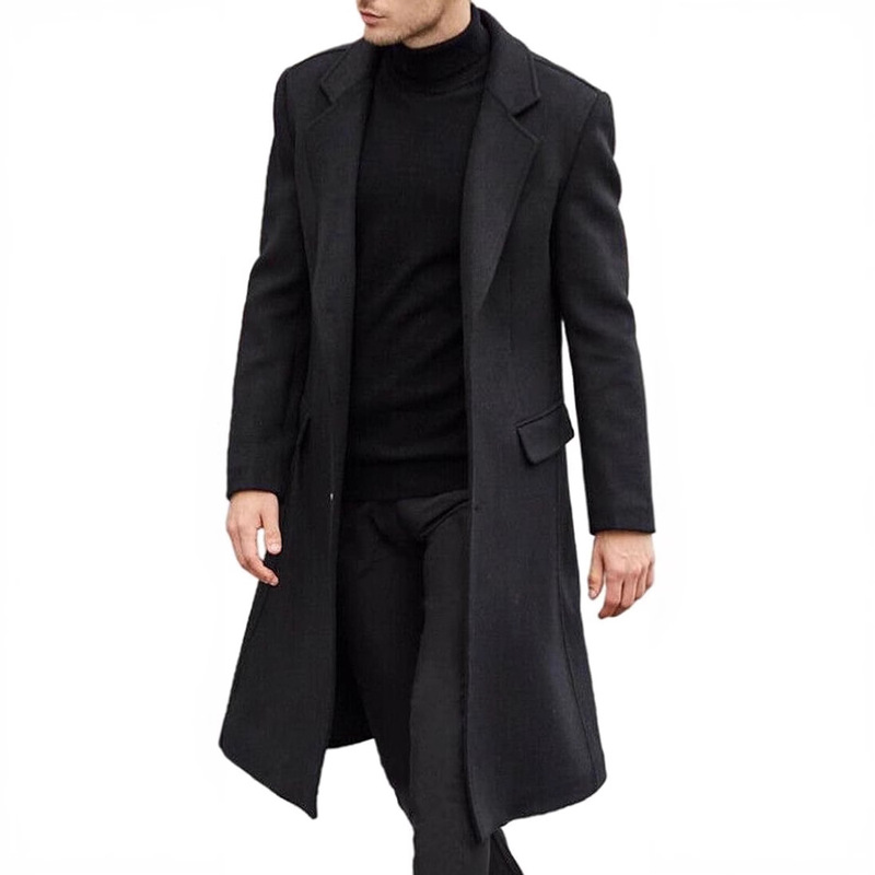 Men's casual trench coat slim-fit notched collar long jacket coat single-breasted pea coat with pockets