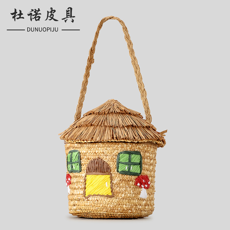 小众设计手工编织卡通草编包海边度假刺绣百搭手提包小房子包包女