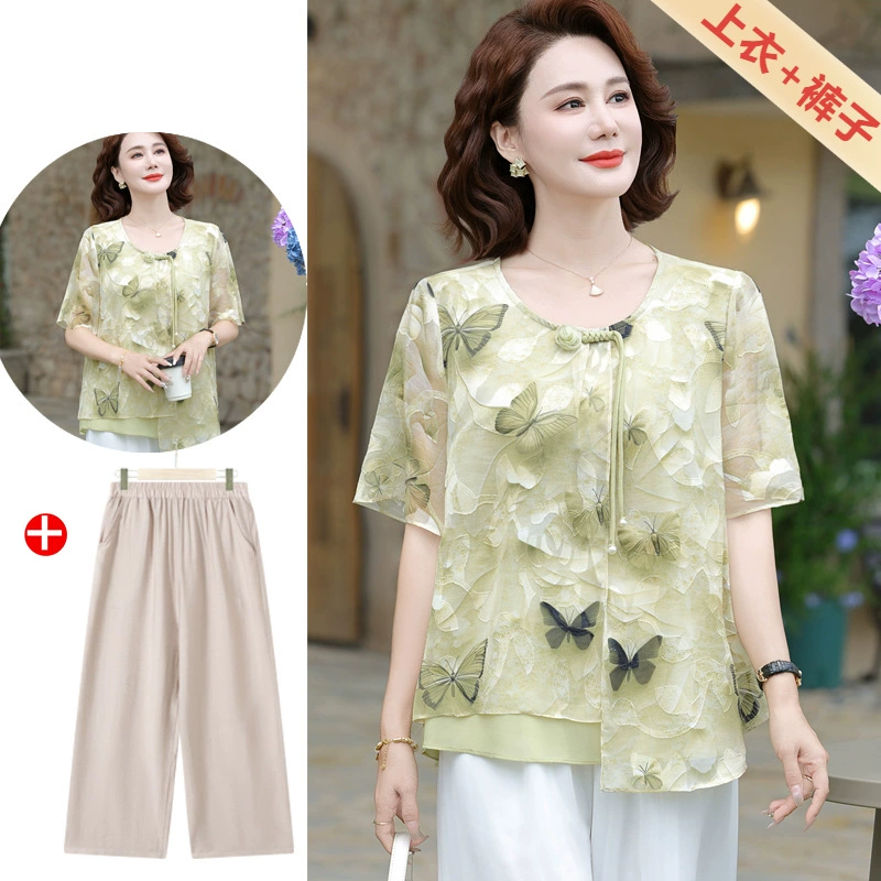 Летний шифоновый костюм с короткими рукавами для мамы, топы среднего возраста, новинка 2025 года, летние рубашки в национальном стиле для женщин среднего и пожилого возраста