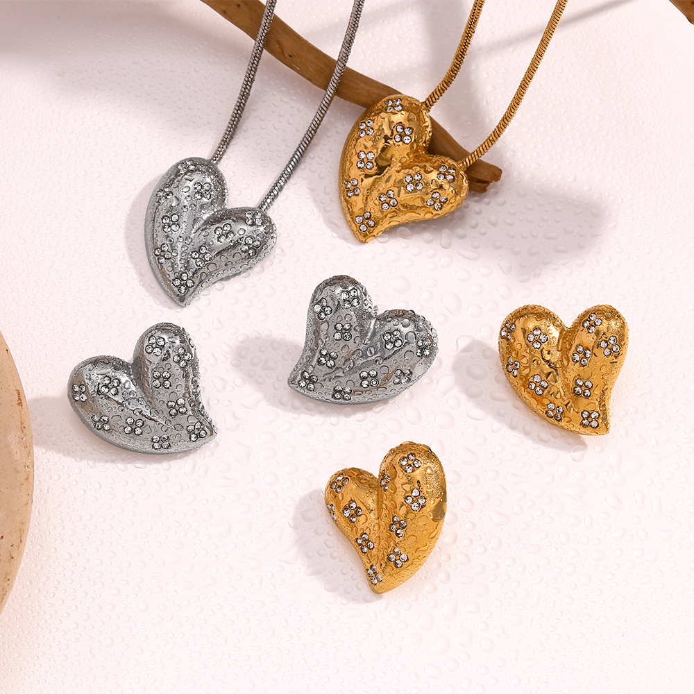 White Diamond Love Pendant Stainless Steel Necklace Earrings