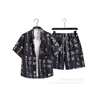 花衬衫短袖男女同款套装慵懒风宽松复古休闲沙滩裤男短袖衬衫一套
