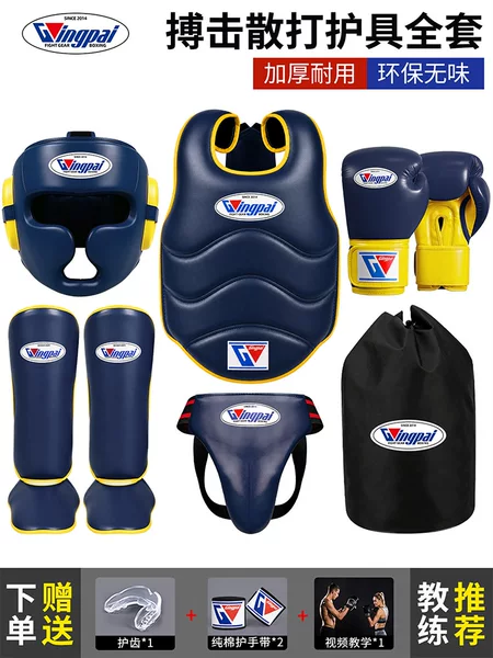GINGPAI martial arts protective gear set for adults and children, suitable for boxing, sanda, Muay Thai training and competitions, head and leg protection, and Taekwondo