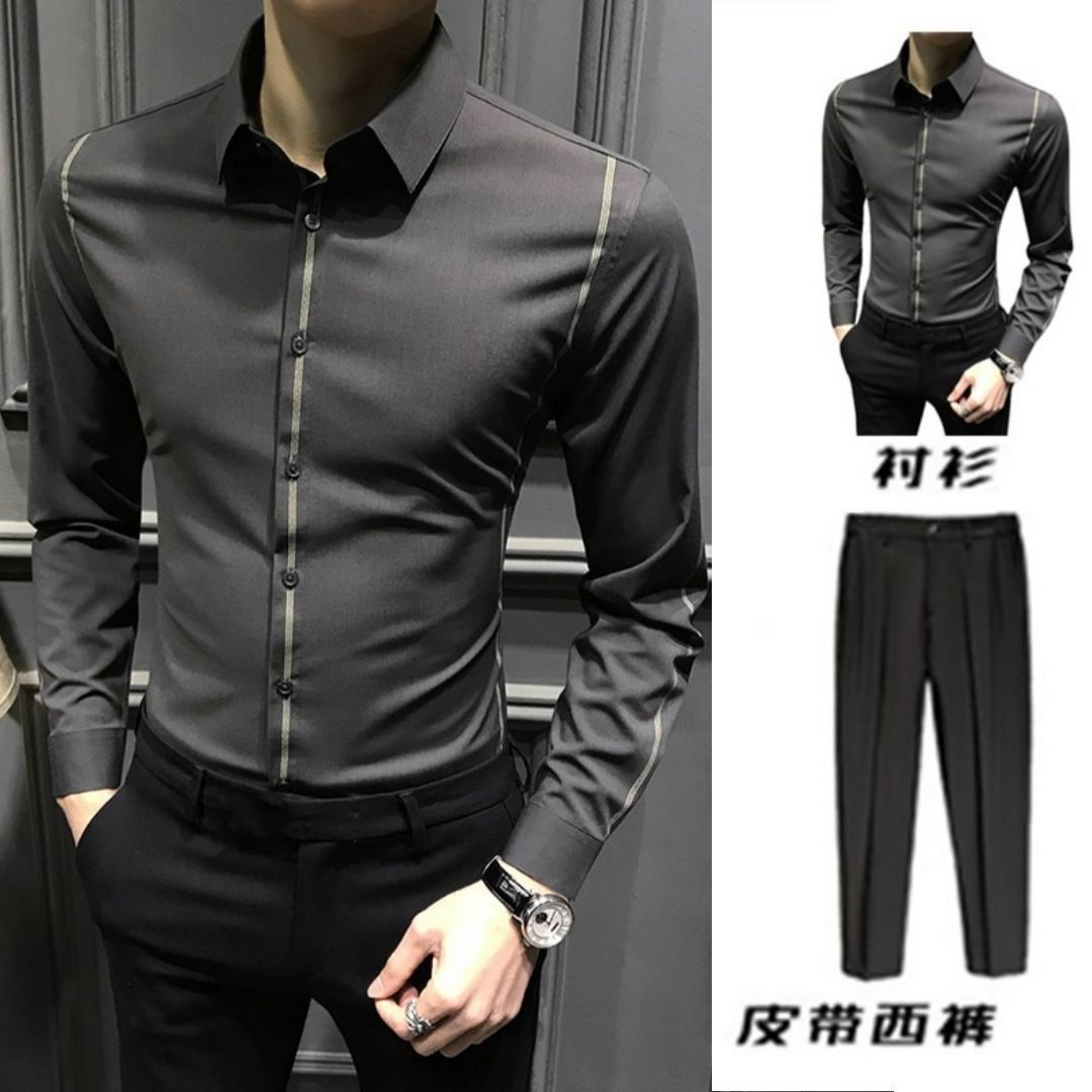春秋新款男士衬衫长袖韩版商务休闲潮流百搭衬衣免烫打底修身套装