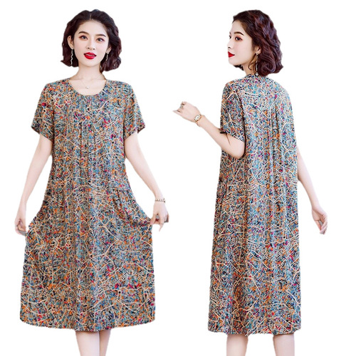 Extra Large Code 300 Pounds Middle-Aged Women's Cotton Silk Dress Medium Long Size Plus Size 200 Pounds Fat Mom Dress