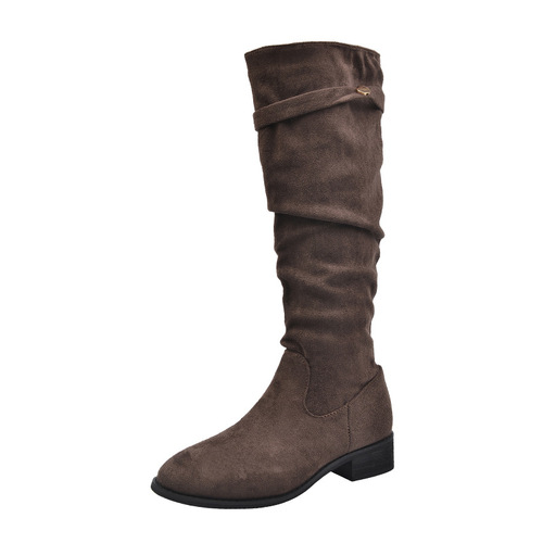 2025 Spring Women's High-Top Knight Boots, French-style Chunky Heel, Round-toe Suede Leather Boots, European & American-style Mid-Heel Boots