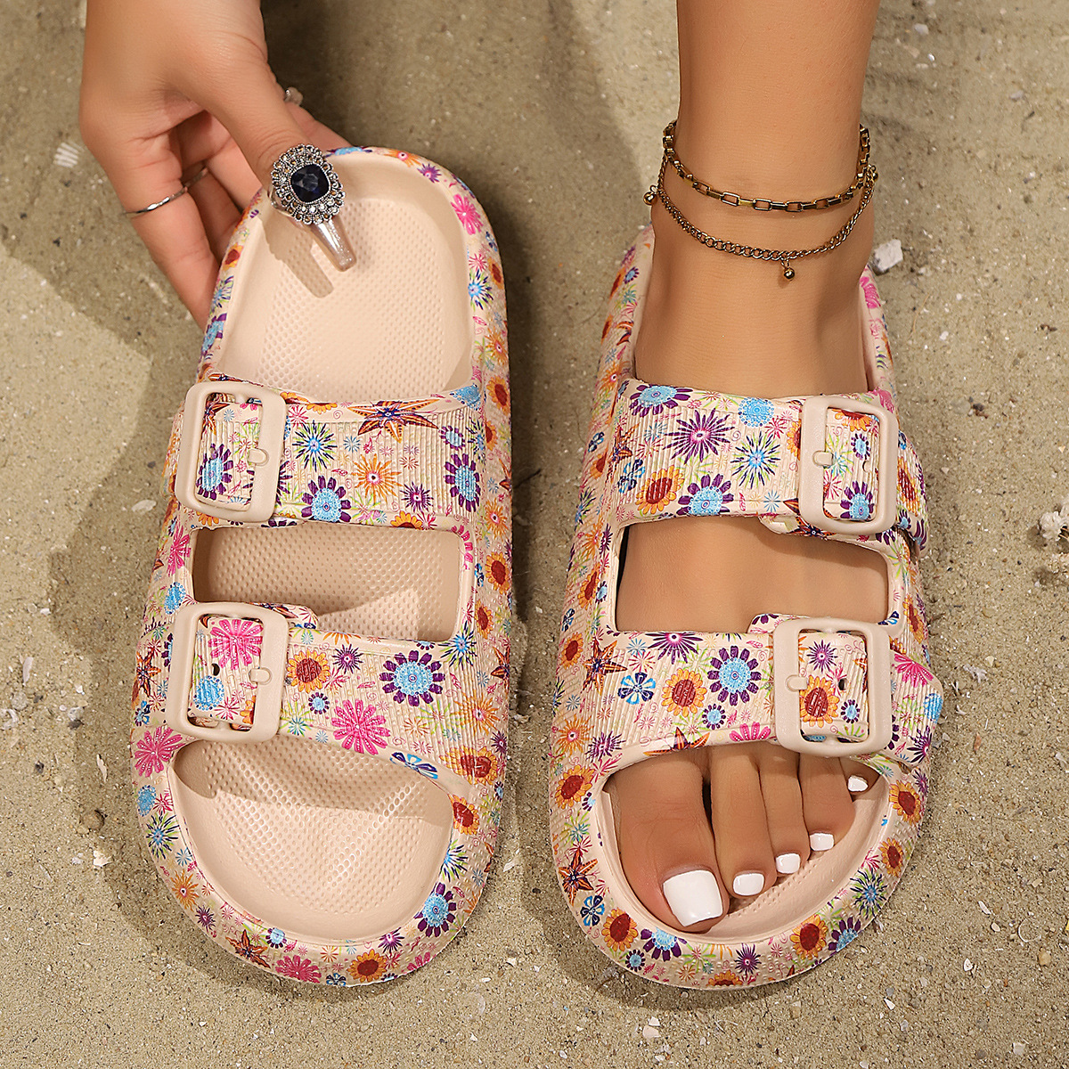 Floral Printed Slippers Beach Slippers Women's Summer Outer Wear Beach Slippers Wholesale Thick-Soled New Sandals