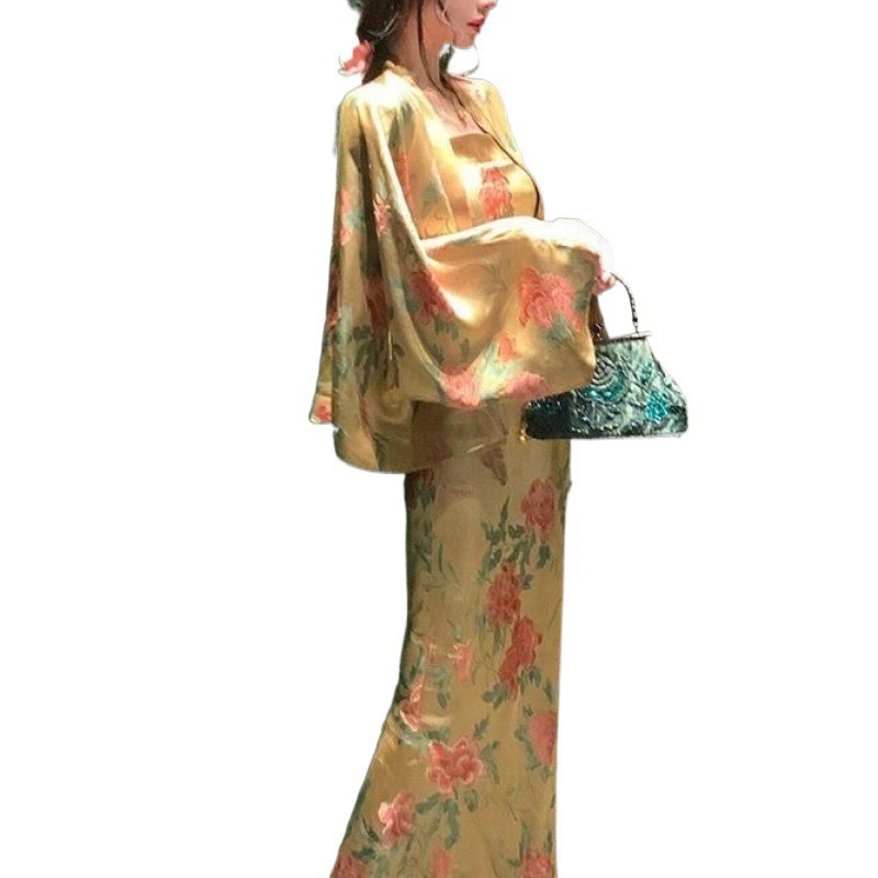 새로운 중국 스타일 국가 스타일 카디건 꽃 슬링 원피스 투피스 세트 틈새 패션 세트 우아한 초기 원피스 도매