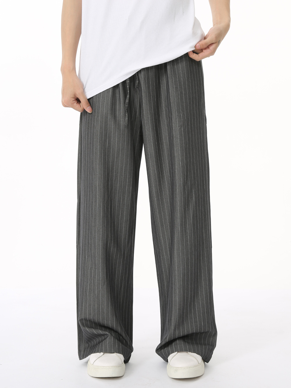 MTLCLOTHES Hombres| Camisas de cuello vertical a rayas coreanas, pantalones largos sueltos, moda de traje casual