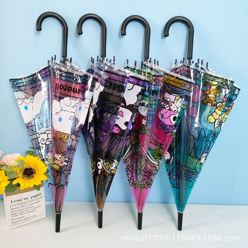 Automatic Double Large Cartoon Transparent Umbrella Straight Rod Long Handle Glass Painted Student Umbrella Transparent Umbrella Factory Direct Sale