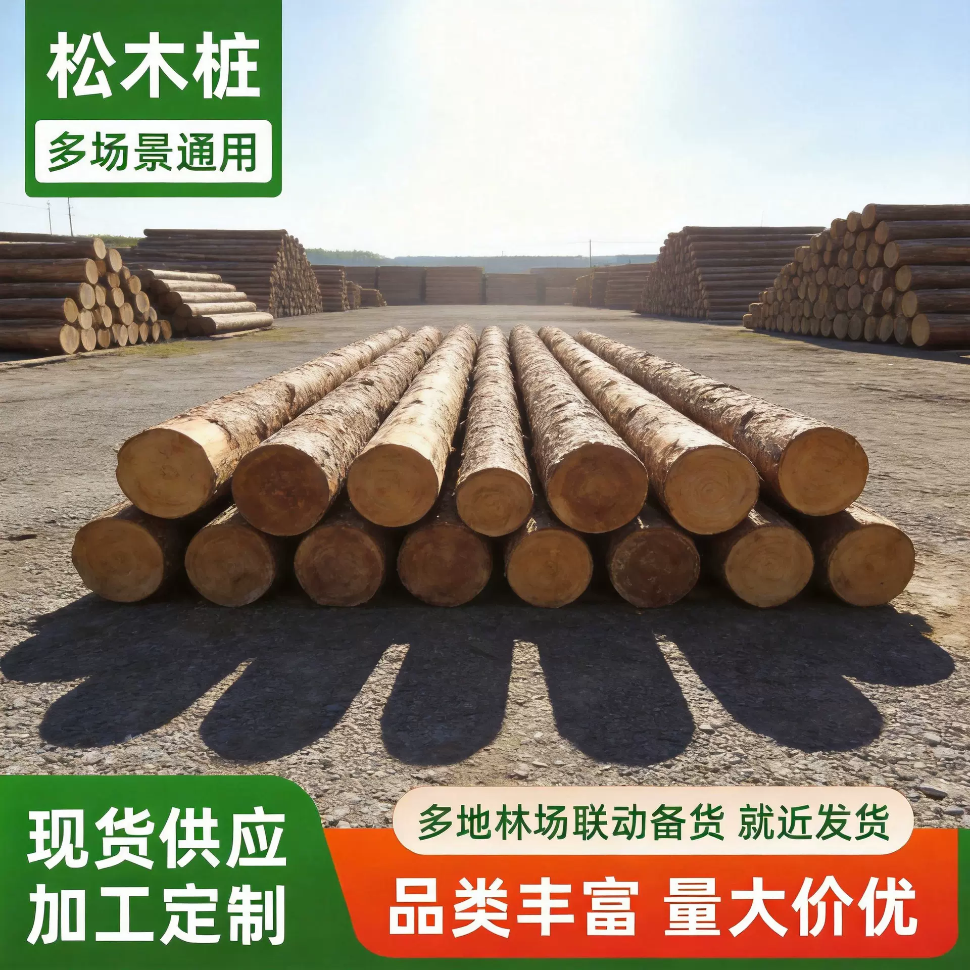 批发河道打桩木防洪防汛水利工程松木桩2-8米河堤加固原木桩削尖