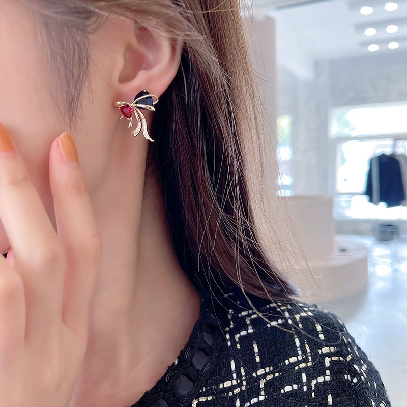Серебряная игла, модные серьги, милый свежий цирконий с бантом, серебро 925 образец, корейский стиль