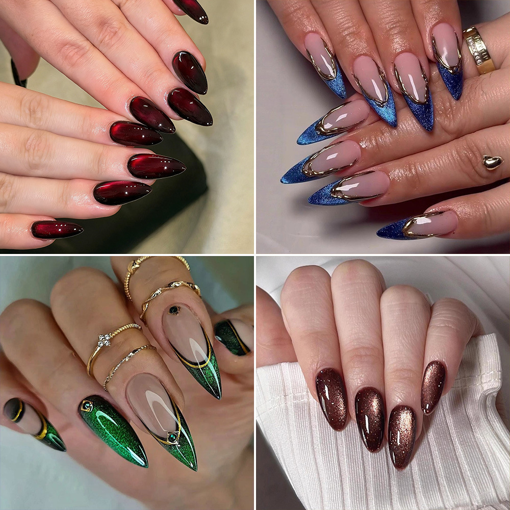 Cross-Border Hot-Selling Cat-Eye Wearable Nails Wholesale Long Pointed Almond-Shaped False Nails Removable High-End Nail Pieces