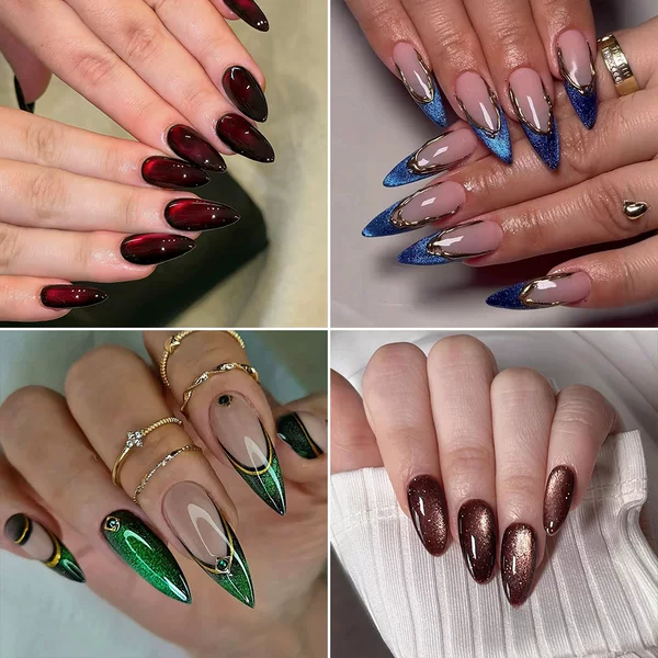 Cross-Border Hot-Selling Cat-Eye Wearable Nails Wholesale Long Pointed Almond-Shaped False Nails Removable High-End Nail Pieces