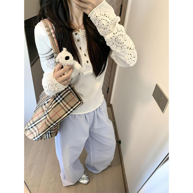 White Lace Cut Out Embroider Henley Collar Button Long-Sleeved T-Shirt for Women Spring and Autum Loose Slimming Look Sun Protection Shirt Top