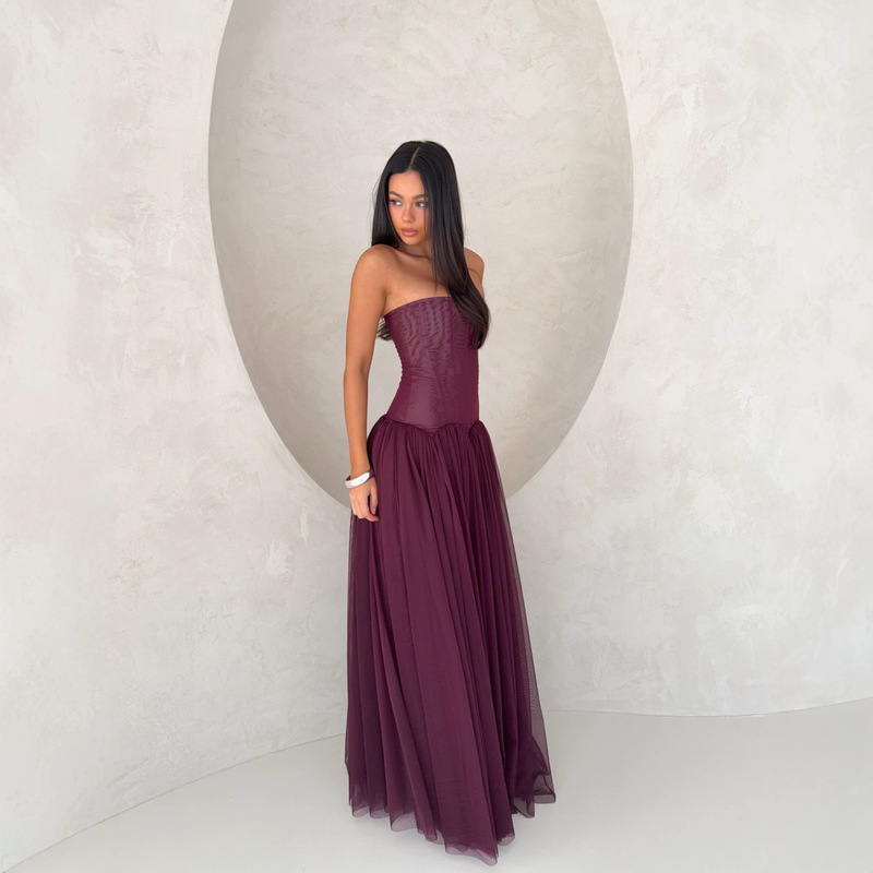 In Stock | Tube Top Mesh Evening Dress, High-End One-Shoulder Flared Skirt, Banquet Party Annual Meeting Host Dress. In Stock | Tube Top Mesh Evening Dress, High-End One-Shoulder Flared Skirt, Banquet Party Annual Meeting Host Dress.