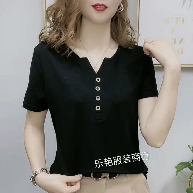 100% Quality Mother-Style V-Neck Short-Sleeve T-Shirt for Women, New Summer Fashion for Middle-Aged, Sporty Casual Top, Plus Size