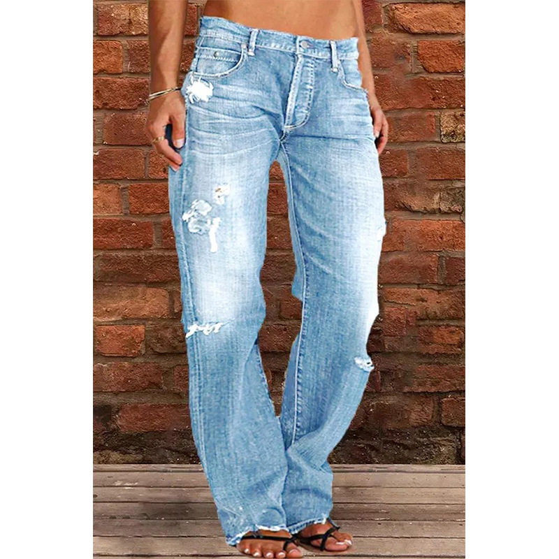 Cross-Border Foreign Trade Women's Denim European And American Trend Mid-Waist Ripped Casual Straight Pants Factory_ecoleips.com