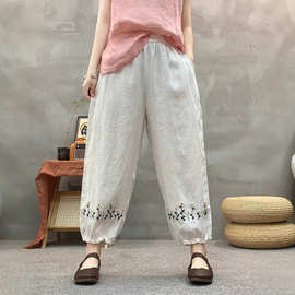 亚麻裤脚绣花哈伦裤女2025夏季款松紧腰九分裤复古宽松休闲萝卜
