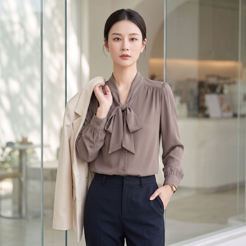 Summer New Style Mulberry Silk Shirt for Women, Mid-Length with Ribbon, Bow-Knot, Elegant Long-Sleeve Top, Plus Size Summer New Style Mulberry Silk Shirt for Women, Mid-Length with Ribbon, Bow-Knot, Elegant Long-Sleeve Top, Plus Size