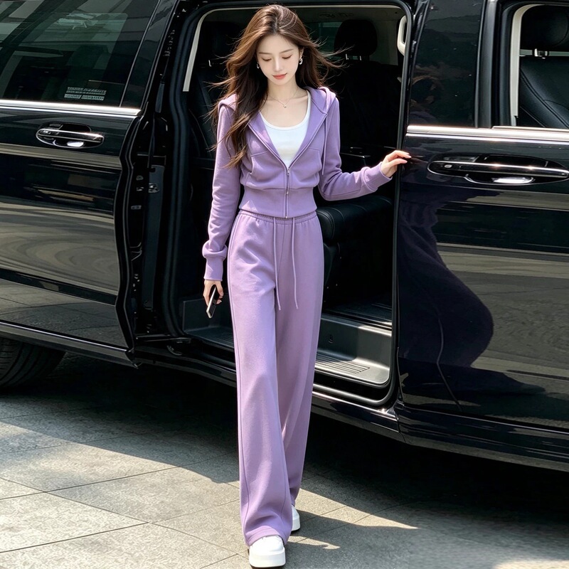 Atmospheric purple casual sports suit for women, autumn stylish short jacket and wide-leg pants two-piece set