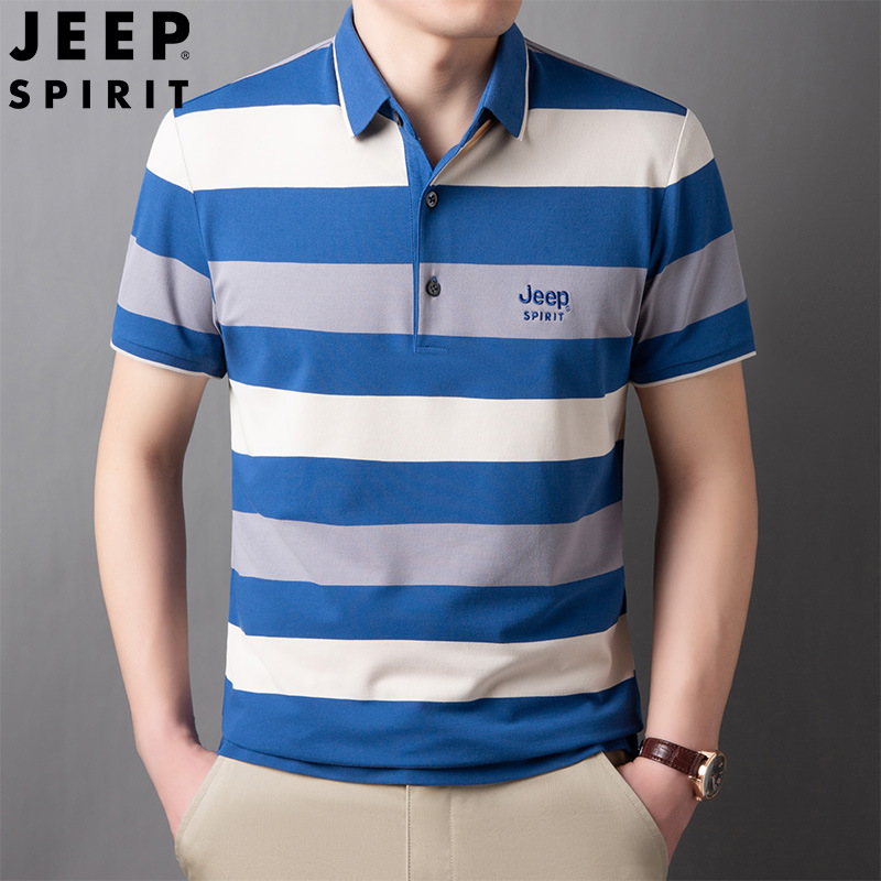 JEEP SPIRIT 25 men's summer casual business fashion striped lapel short sleeve T-shirt POLO shirt