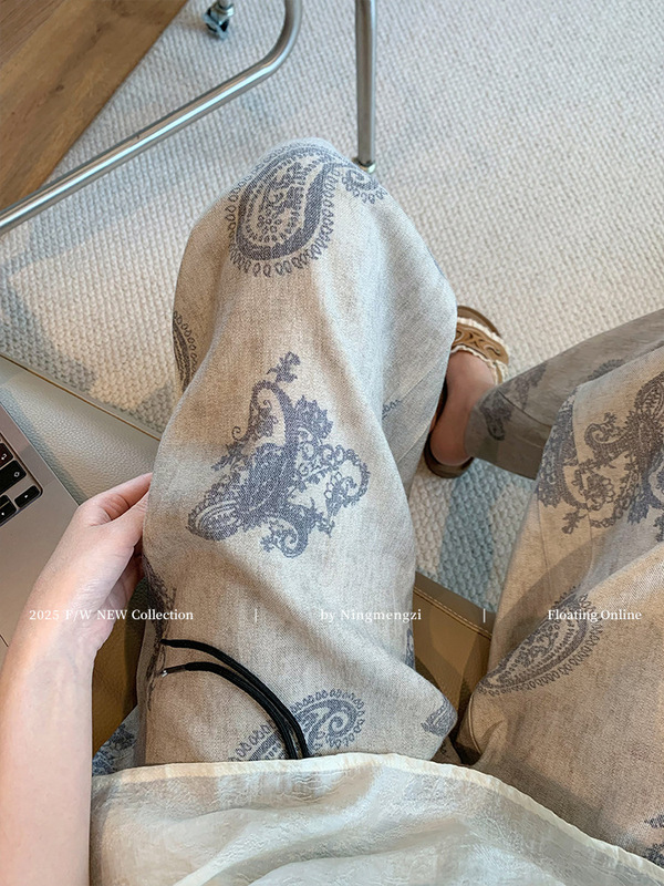 广州十三行高货爆款~老钱风腰果印花亚麻休闲裤女2025夏款直筒裤|undefined