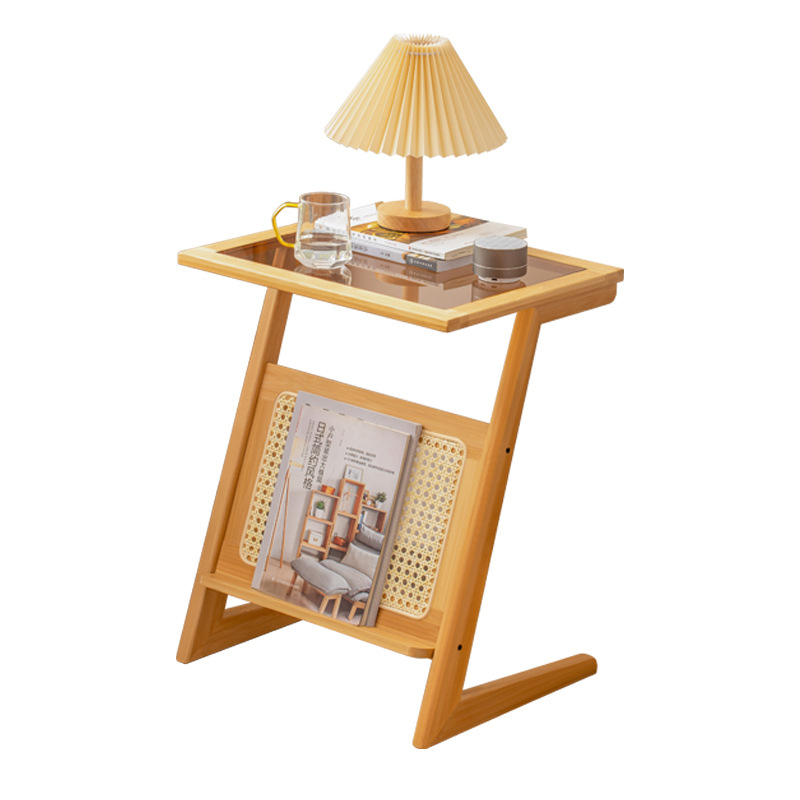 Mesa lateral de sofá de sala de estar Mesa auxiliar de cabecera de dormitorio de vidrio templado de estilo antiguo Mesa de centro pequeña de ratán japonés Mesa de esquina personalizada