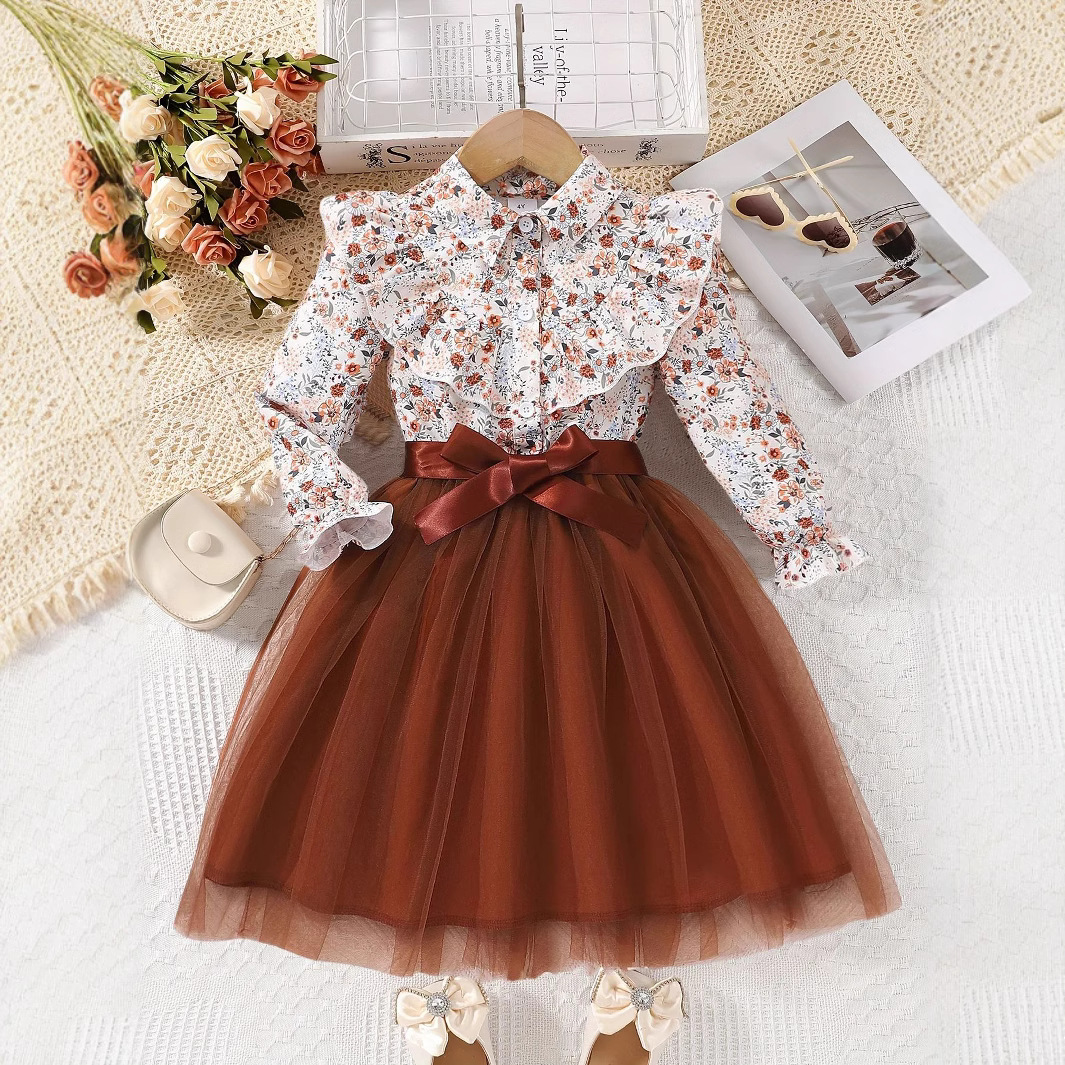 Spring and Autum New Style Girls' Long-Sleeved Lapel Floral Printed Mesh Dress with Woven Belt European and American Girl Princess Dress