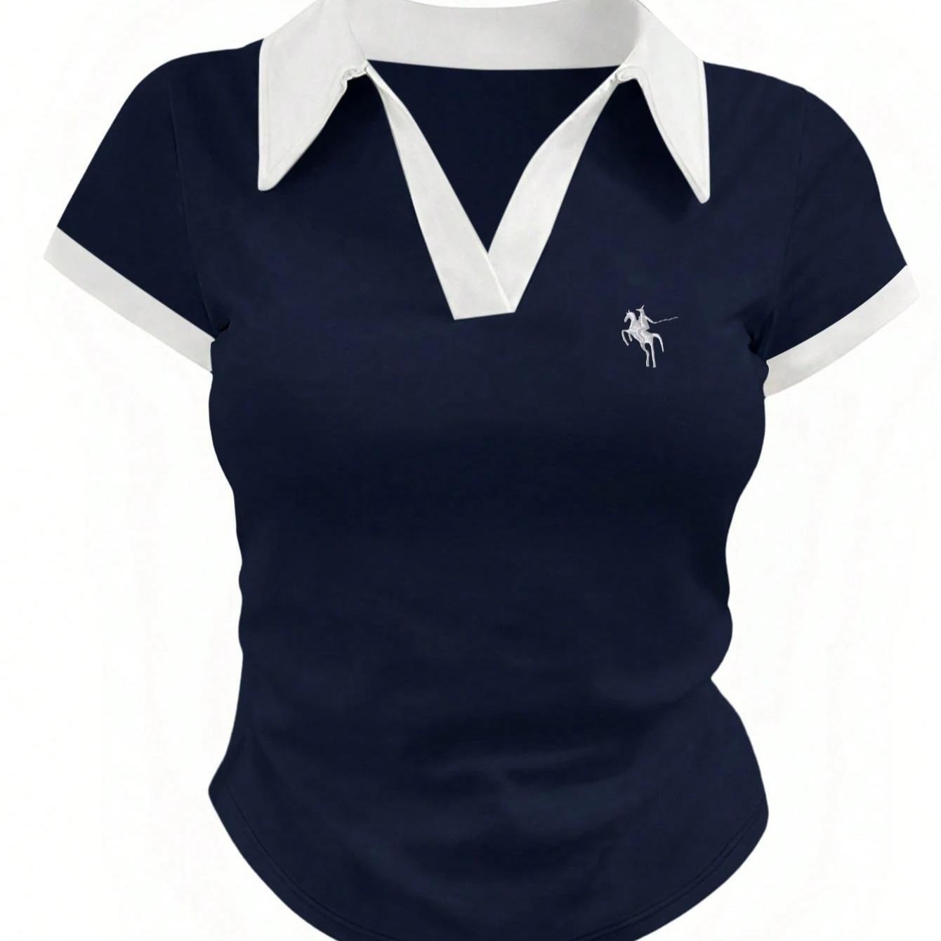 Women's Clothing Slim Fit Polo Shirt Solid Color Collared Short Length Equestrian Embroidery Simple Versatile Women's Top_voghion.com