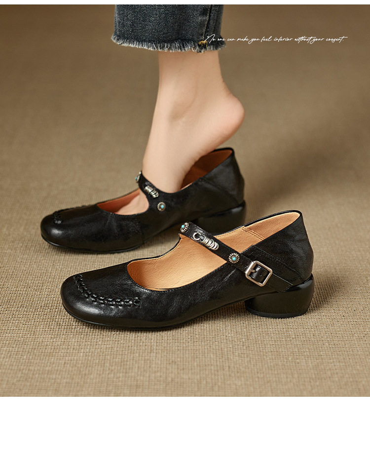 Giày Mary Jane nữ quai ngang gót thấp 3.5 cm phong cách Pháp — màu nâu chi tiết 3