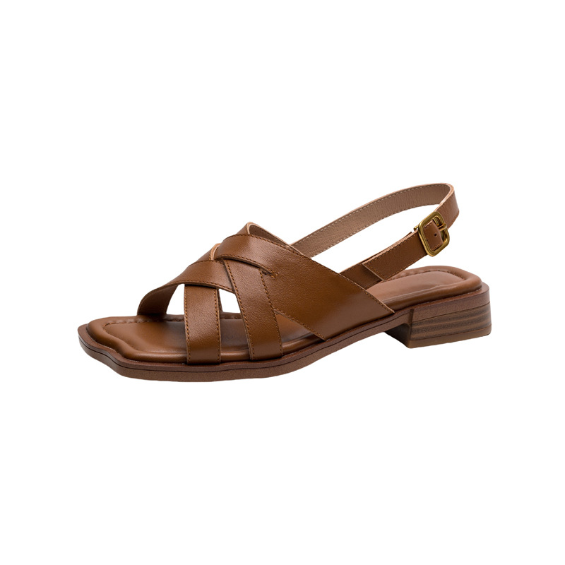 Dép sandal nữ da bò dệt thủ công kiểu La Mã đế bằng — nâu chi tiết 20