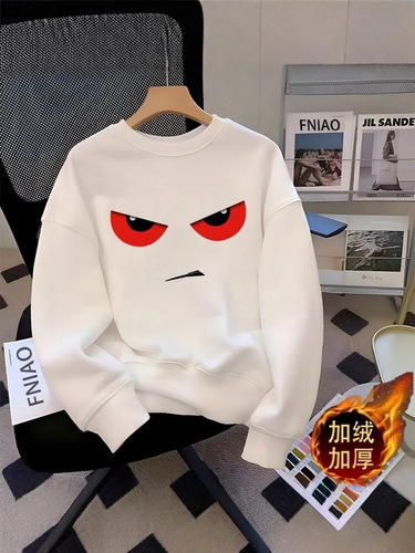 Thermal-lined sweatshirt trendy men's American-style autumn and winter round neck casual unisex new loose long-sleeved printed jacket top