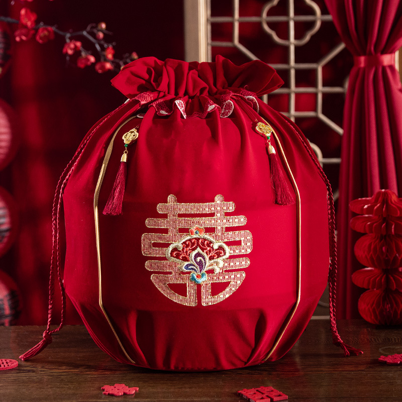 结婚包袱皮刺绣束口福袋女方陪嫁聚宝盆抽拉包裹红布婚庆用品大全|undefined