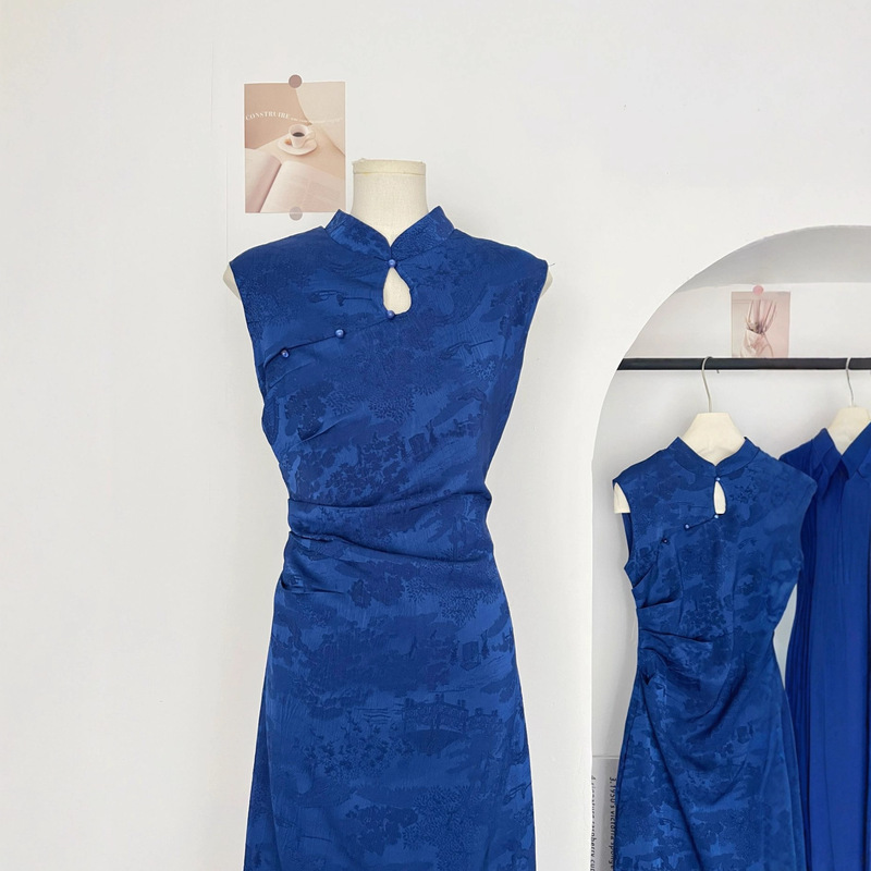 French New Chinese Style National Style Blue Cheongsam Beautiful Waist Dress Women's Summer and Autumn New Long Skirt