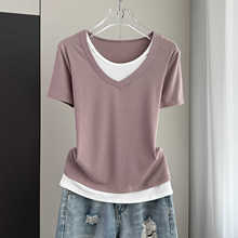 撞色v领正肩短袖t恤女2025春夏新款假两件宽松遮肉显瘦上衣打底衫