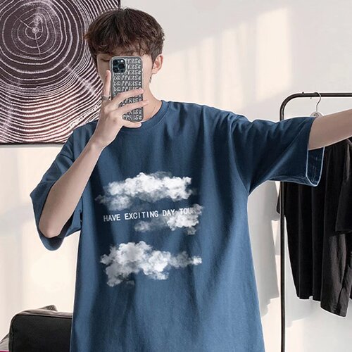 Men's Hong Kong Style Summer Loose Cool Sensation Thin Short Sleeve T-Shirt, 5.5-Button Sleeve Trendy Fashion Oversized Streetwear Clothing
