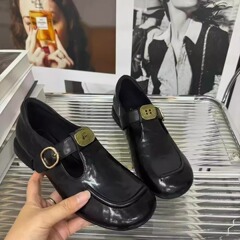 羊皮版~2025新款复古气质小众圆头一字扣带舒适浅口不累脚单鞋女