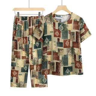 妈妈装夏季休闲套装宽松短袖上衣女中老年奶奶装两件套老太太衣服