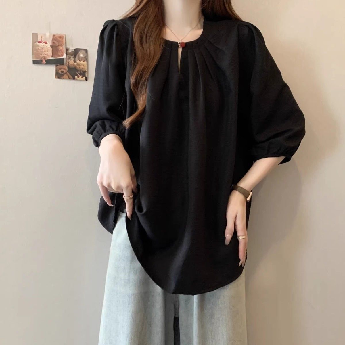 Camiseta de manga corta grande de siete partes para mujeres primavera y verano nueva gorda mm suelta y delgada que cubre la carne y el aire extranjero camiseta de reducción de edad superior image 6