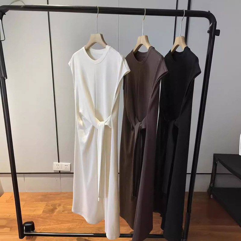 Tune-Toned Classy ~ and Informative! Tolerant Figure Classy Pure Color Waist-Tie Mid-Length Over-The-Knee Dress