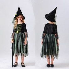 新款万圣节儿童网纱裙巫婆表演服女巫连衣裙配帽子服装 批发