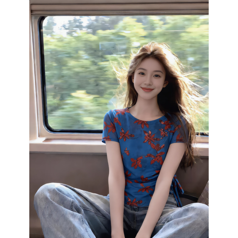 French-Style Blue and Red Floral Print Mesh Top for Women, Summer Slimming Short-Sleeve T-Shirt with Side Waist Tie