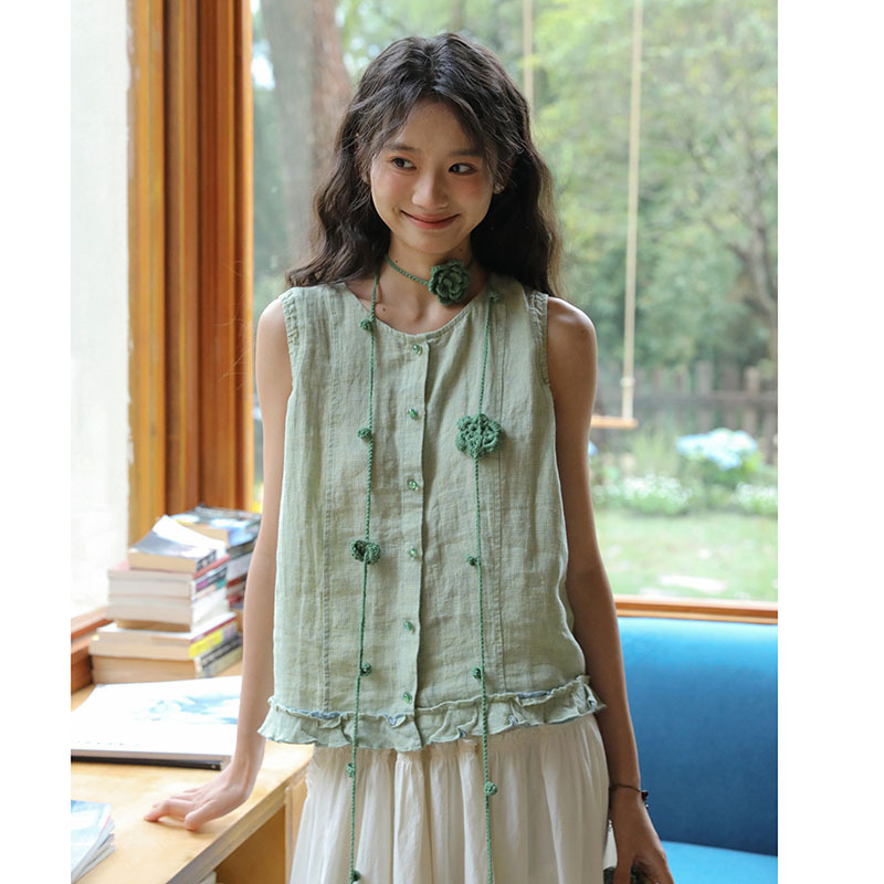 Real Shot of 2026 Summer Japanese-Style Fresh Lace Collar Green Plaid Cotton-Linen Sleeveless Cool Blouse for Women Real Shot of 2026 Summer Japanese-Style Fresh Lace Collar Green Plaid Cotton-Linen Sleeveless Cool Blouse for Women