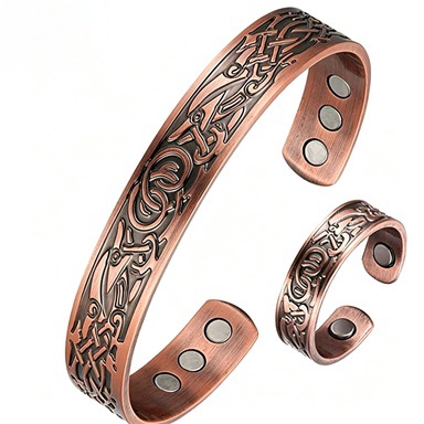 Cross-Border Popular Magnetic Bracelet and Ring Set, European and American Retro Double Ring, Antique Red Copper Brushed Retro Style Couple's Jewelry