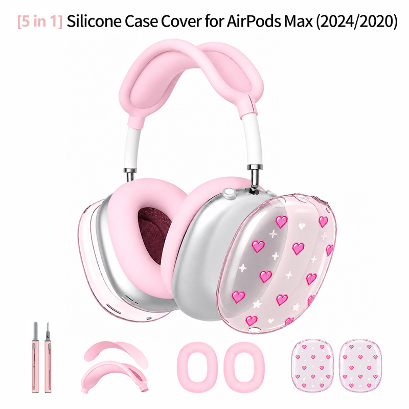 Suitable for the new AirPods Max protective case: pink heart-shaped transparent TPU over-ear headphone protective shell Suitable for the new AirPods Max protective case: pink heart-shaped transparent TPU over-ear headphone protective shell