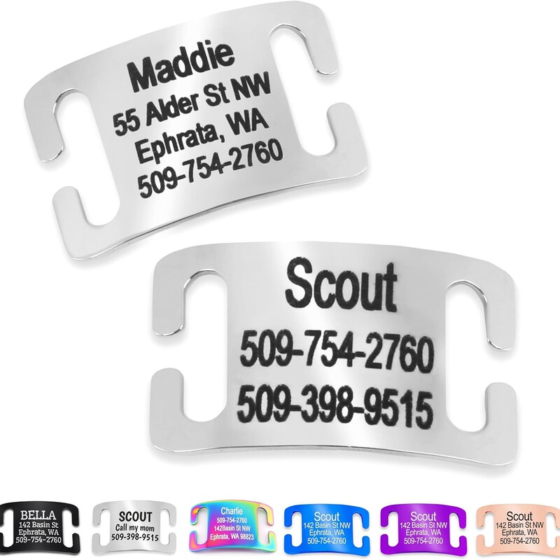 Pet ID tag, sliding tag, stainless steel, black electroplated, laser-engraved, for cat and dog collars, sliding curved tag Pet ID tag, sliding tag, stainless steel, black electroplated, laser-engraved, for cat and dog collars, sliding curved tag